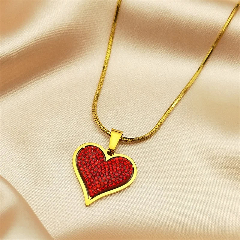 Gold Red Elegant Heart Crystal Love Necklace