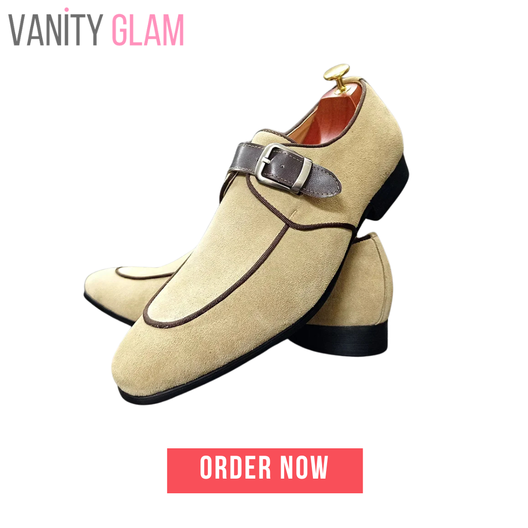 Men’s Elegant Suede Monk Strap Loafers – Khaki Buckle Slip-On Dress Shoes for Office & Weddings b