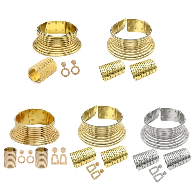 Ethnic Collar Jewelry Set – Trendsetting Long Neck Choker in Gold/Silver