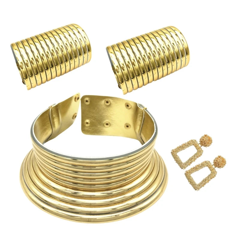 Ethnic Collar Jewelry Set – Trendsetting Long Neck Choker in Gold/Silve c