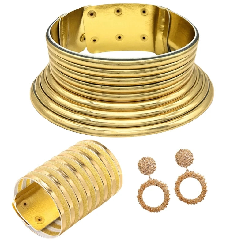 Ethnic Collar Jewelry Set – Trendsetting Long Neck Choker in Gold/Silve g