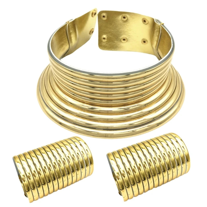 Ethnic Collar Jewelry Set – Trendsetting Long Neck Choker in Gold/Silve h