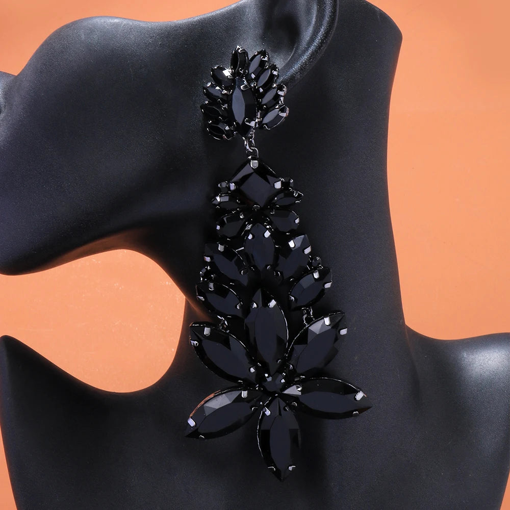 Exaggerated Black Crystal Dangle Earrings – Bold Statement Jewelry for Drag Queens & Fashion Icons