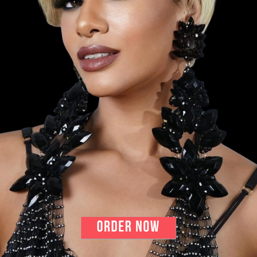 Exaggerated Black Crystal Dangle Earrings – Bold Statement Jewelry for Drag Queens & Fashion Icons Model