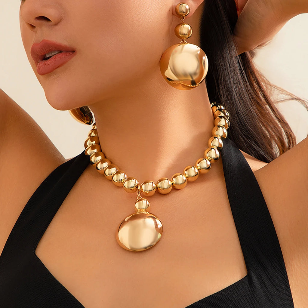 Exaggerated Large Half Ball Bead Pendant Necklace – Punk Acrylic CCB Chain Choker Jewelry Set Gold