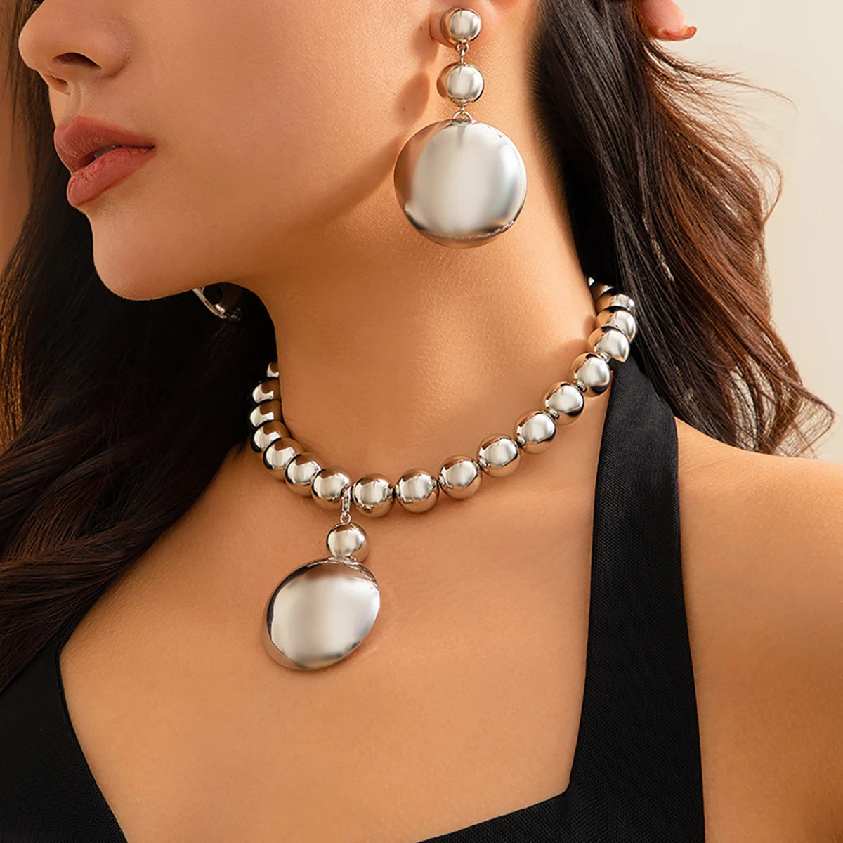 Exaggerated Large Half Ball Bead Pendant Necklace – Punk Acrylic CCB Chain Choker Jewelry Set Silver