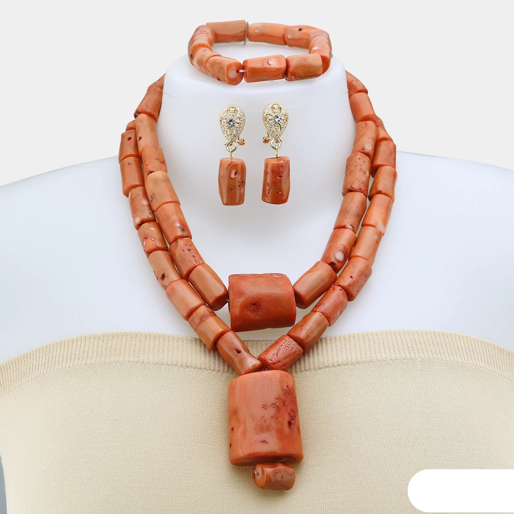 Nigerian fashion coral beads bridal necklace and earrings set for African wedding