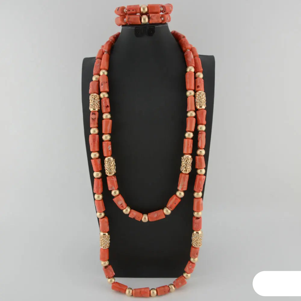 Nigerian fashion coral beads bridal necklace and earrings set for African wedding