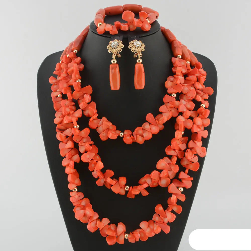 Nigerian fashion coral beads bridal necklace and earrings set for African wedding