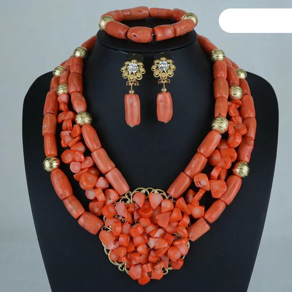 Nigerian fashion coral beads bridal necklace and earrings set for African wedding