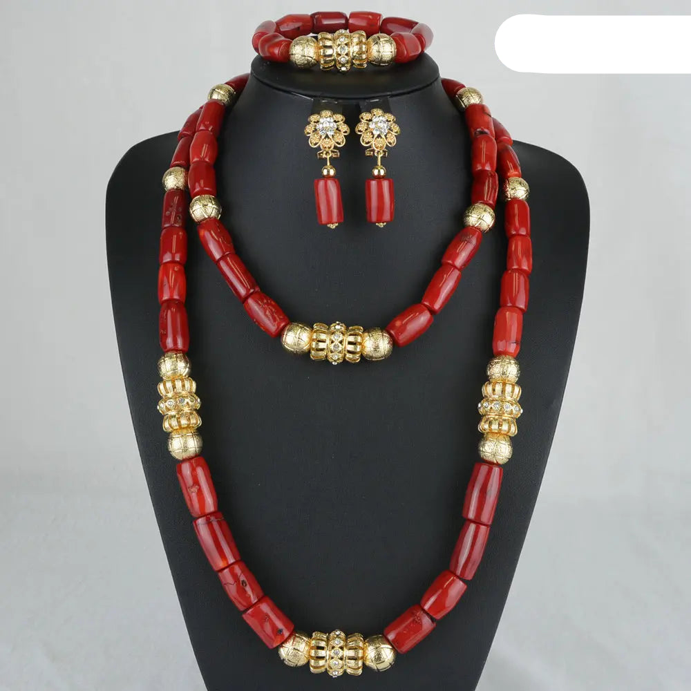 Nigerian fashion coral beads bridal necklace and earrings set for African wedding