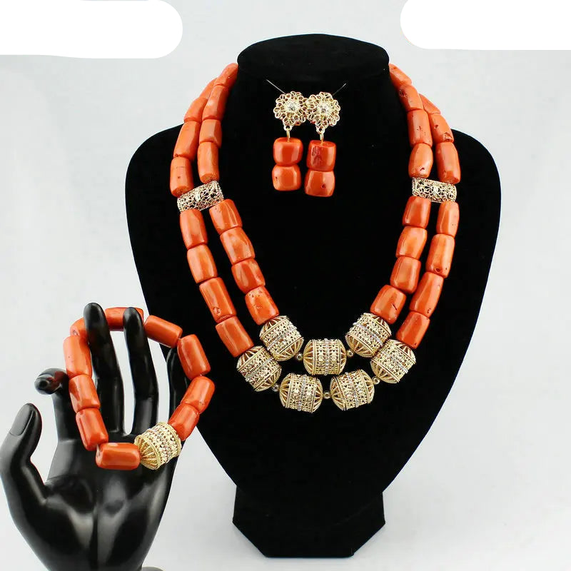 Nigerian fashion coral beads bridal necklace and earrings set for African wedding