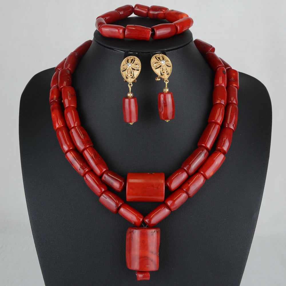 Nigerian fashion coral beads bridal necklace and earrings set for African wedding