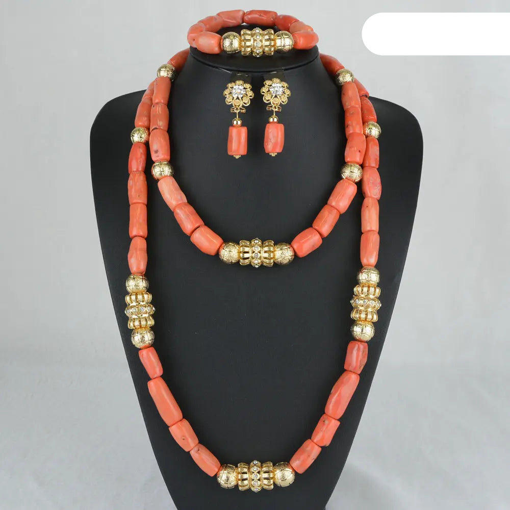 Nigerian fashion coral beads bridal necklace and earrings set for African wedding