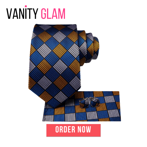 Fashion Plaid Blue Gold Silk Tie