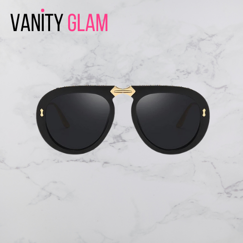 gold black sunglasses vanity glam logo