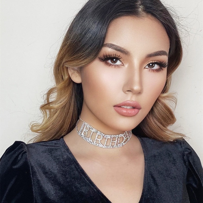 Model using Full Rhinestone Choker Necklaces