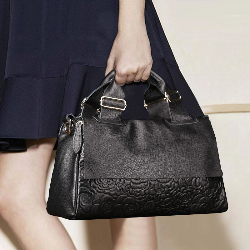 model using Genuine Leather Cowhide Crossbody Bag black