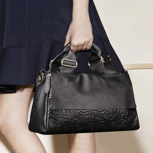 model using Genuine Leather Cowhide Crossbody Bag black