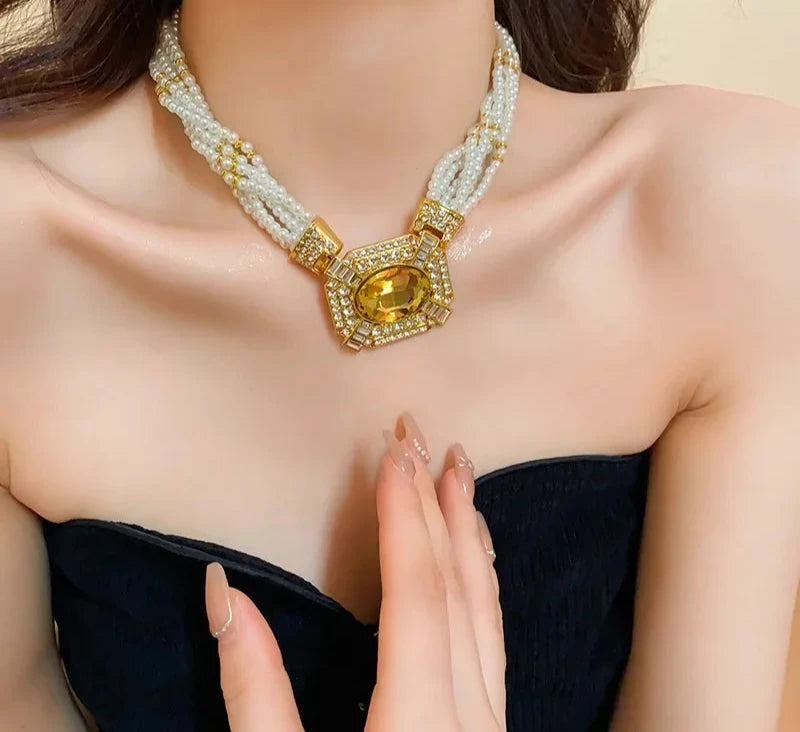 Model using Geometric Vintage Rhinestones Pearls Necklace