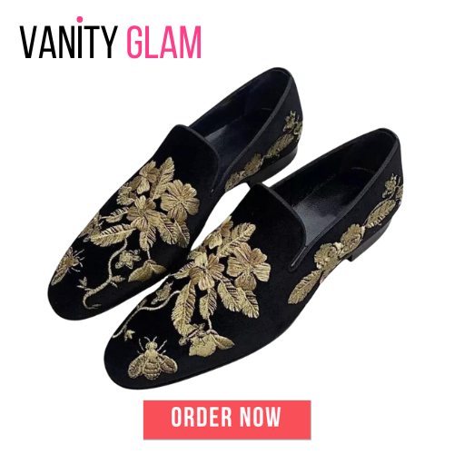 Gold Embroidery Flower Suede Loafers