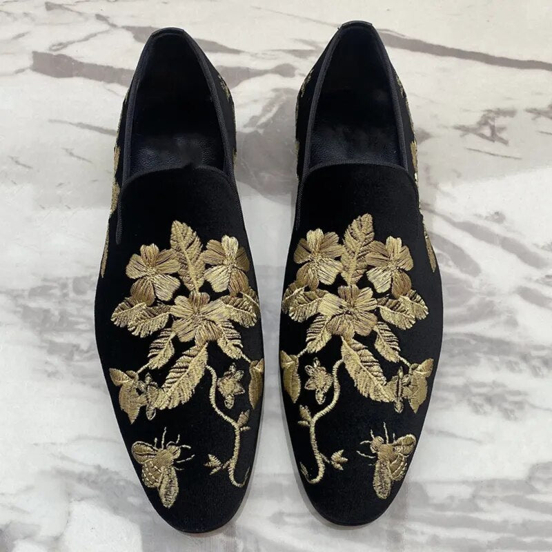 Gold Embroidery Flower Suede Loafers