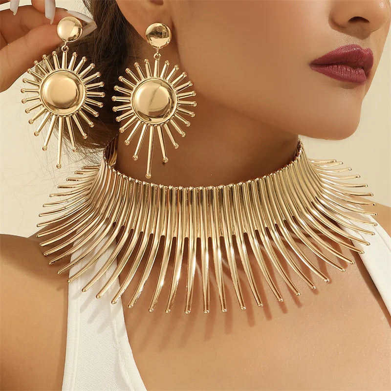 Gold color metal torque choker and big earrings set in African punk style