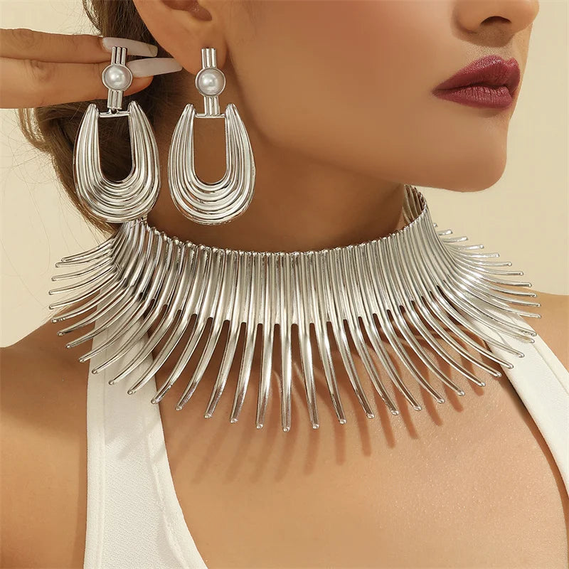 Gold color metal torque choker and big earrings set in African punk style