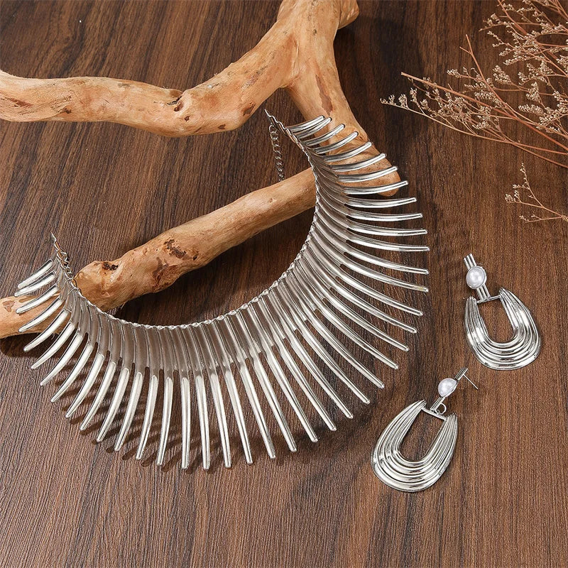 Gold color metal torque choker and big earrings set in African punk style