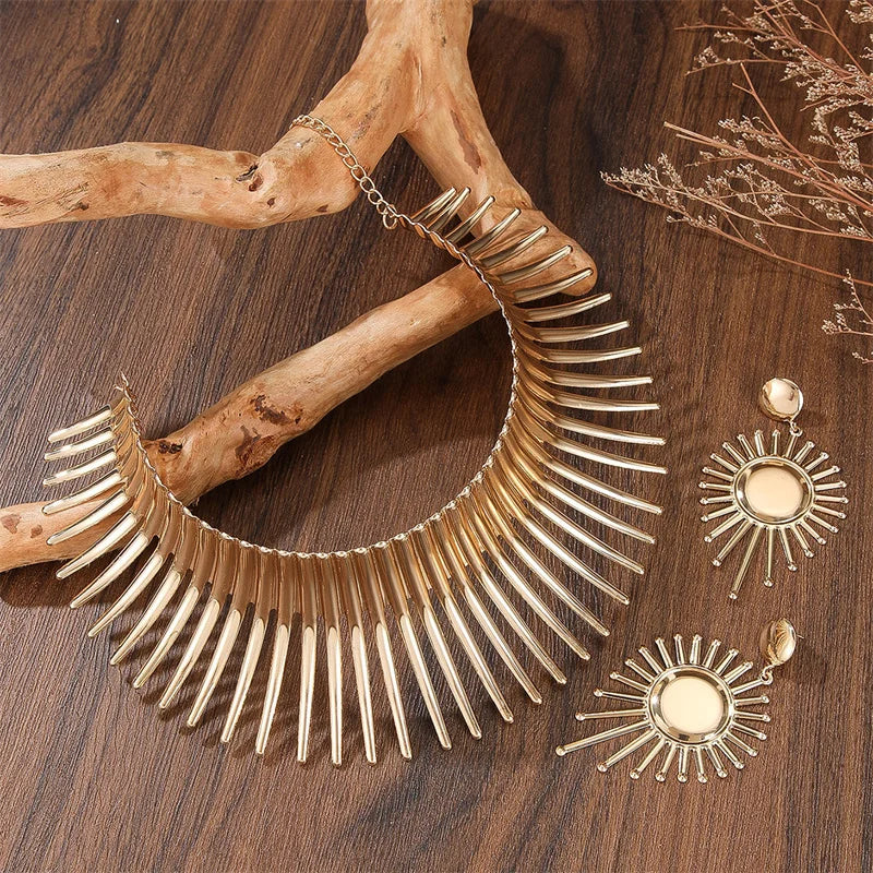 Gold color metal torque choker and big earrings set in African punk style