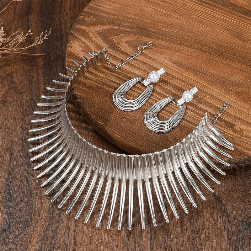 Gold color metal torque choker and big earrings set in African punk style