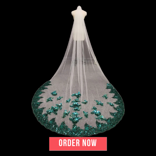 Green Lace Soft White/Ivory Tulle Bling Sequins Wedding Veil 