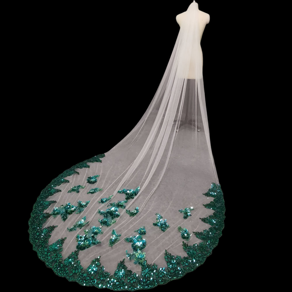 Green Lace Soft White/Ivory Tulle Bling Sequins Wedding Veil side view