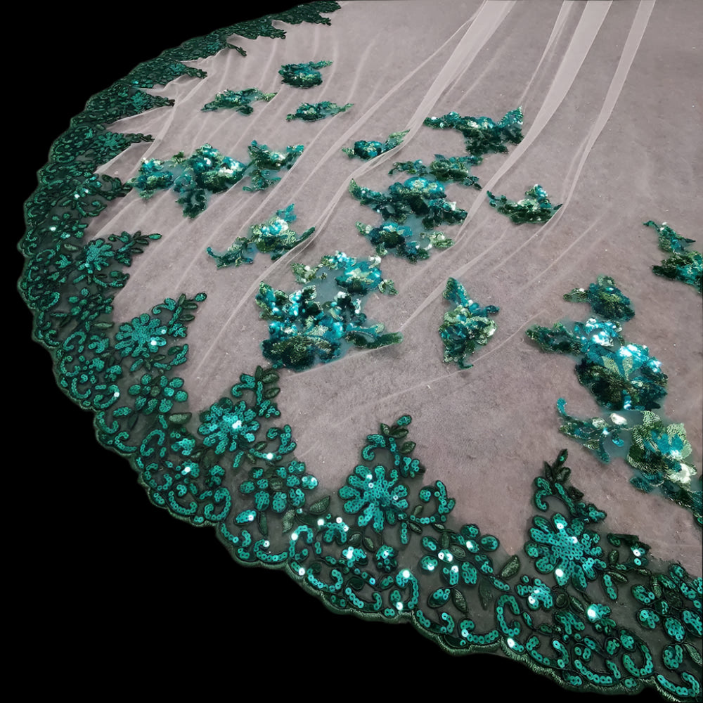 Green Lace Soft White/Ivory Tulle Bling Sequins Wedding Veil close up