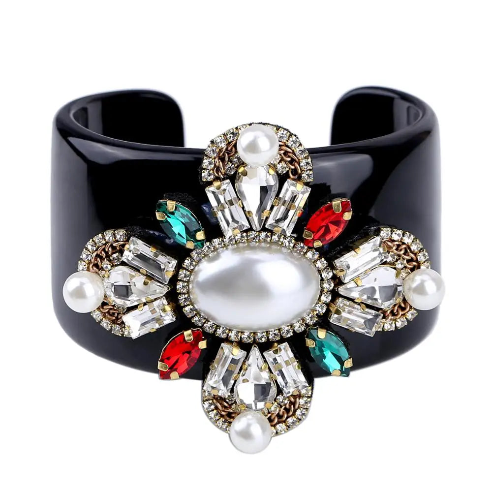 Crystal Beads Black Resin Cuff Bracelet