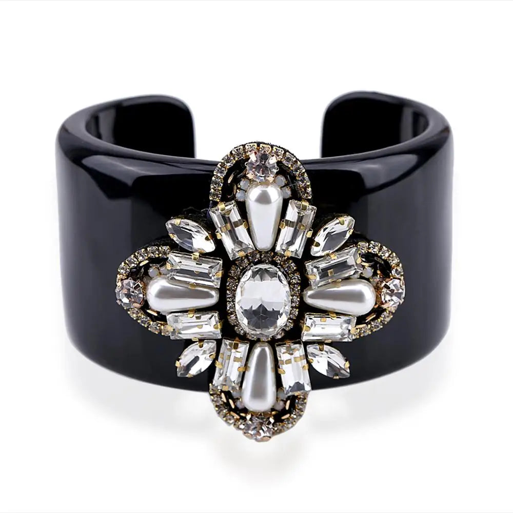 Crystal Beads Black Resin Cuff Bracelet