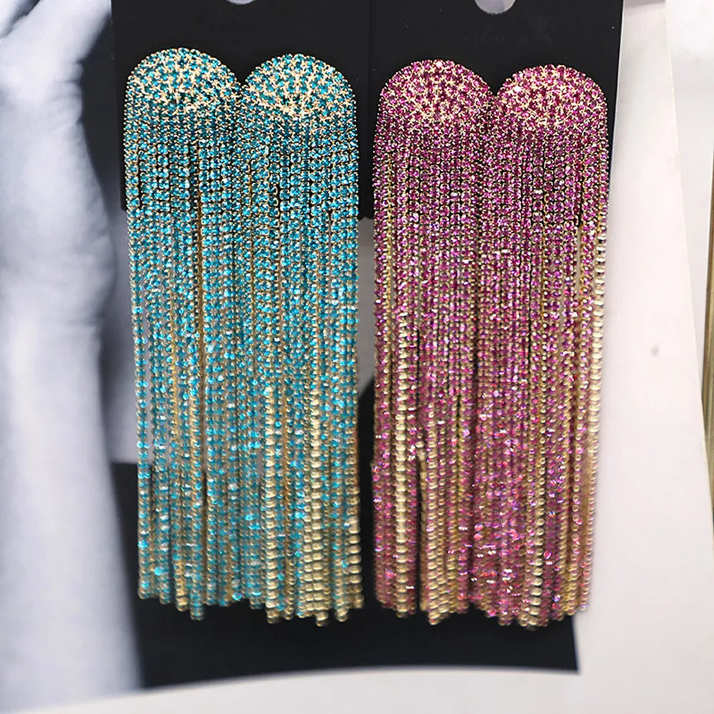 Sparkling Rhinestone Tassel Long Earrings