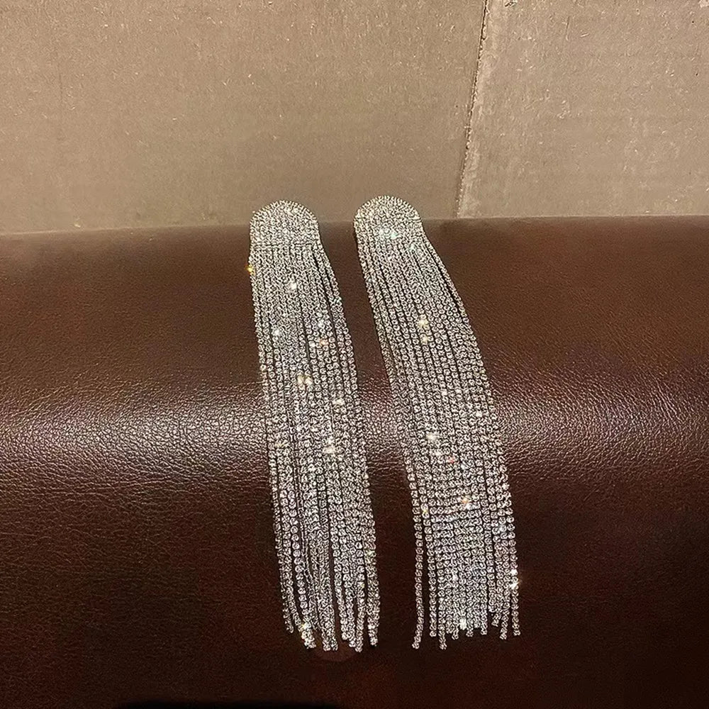 Sparkling Rhinestone Tassel Long Earrings