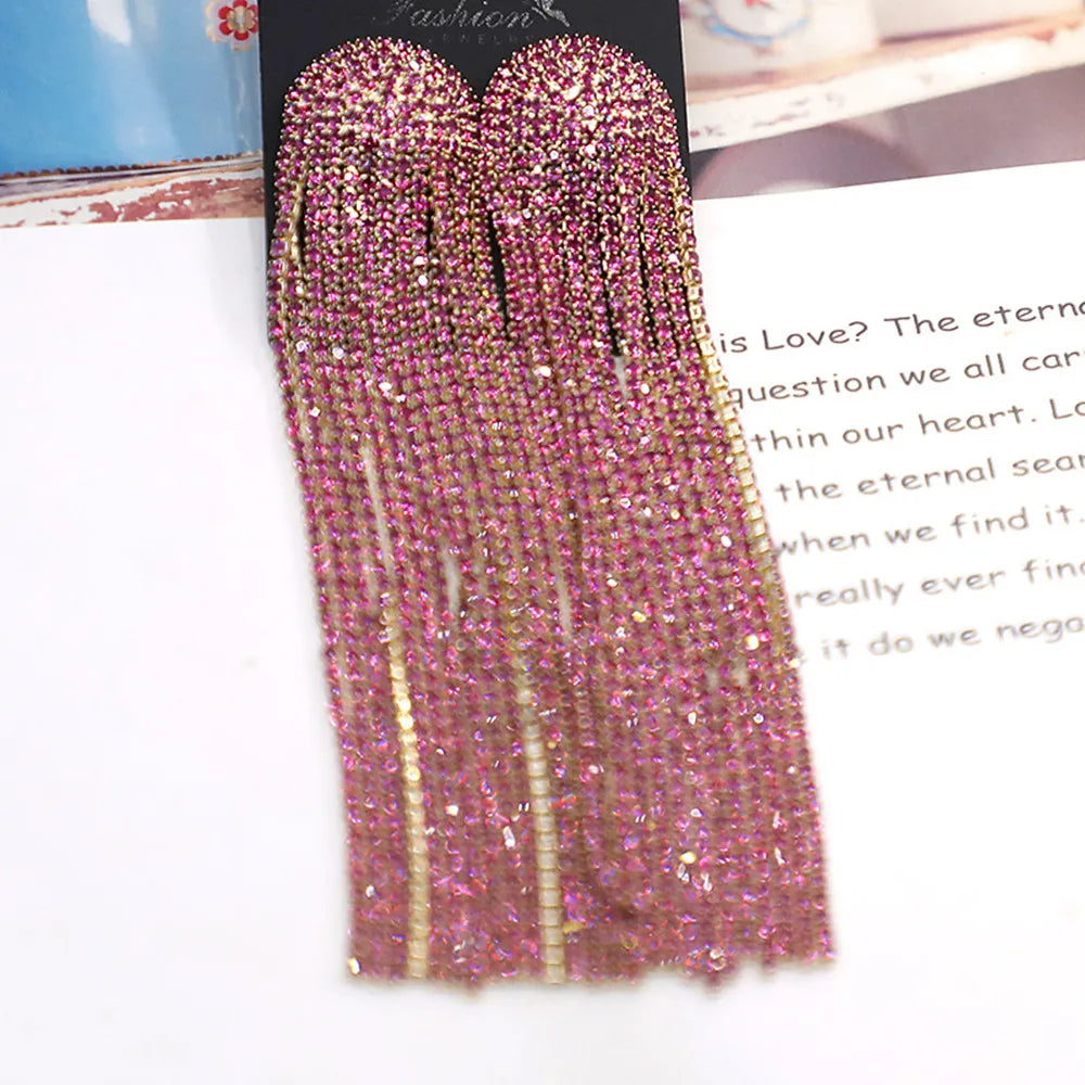 Sparkling Rhinestone Tassel Long Earrings