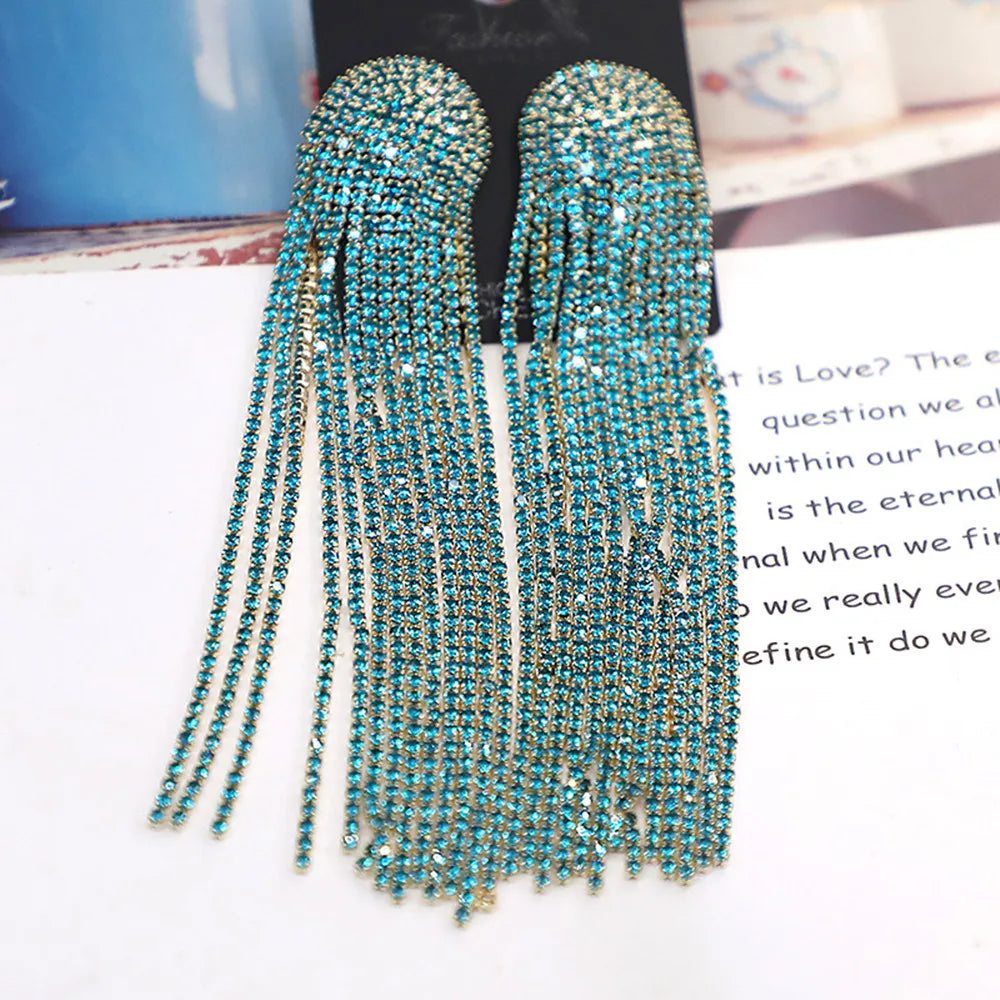 Sparkling Rhinestone Tassel Long Earrings