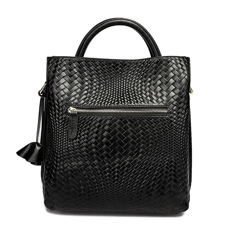 black woven pattern handbag back