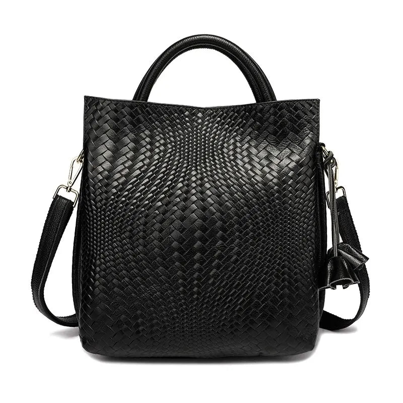black woven pattern handbag front