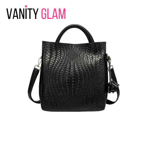 black woven patter handbag, vanity glam logo