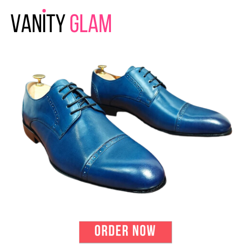 Lace Up Blue Black Derby Men's Leather Shoes