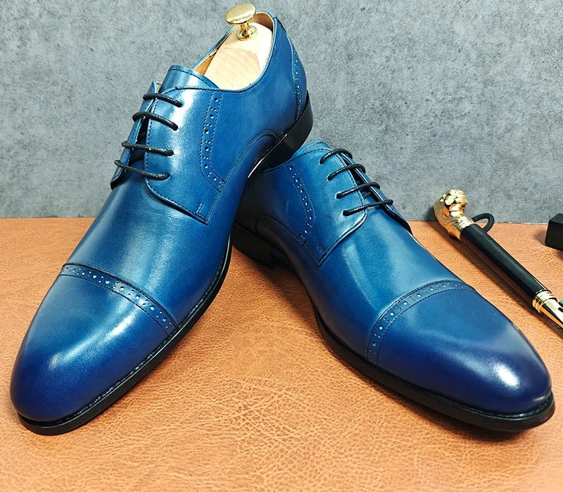 Lace Up Blue Black Derby Men's Leather Shoes