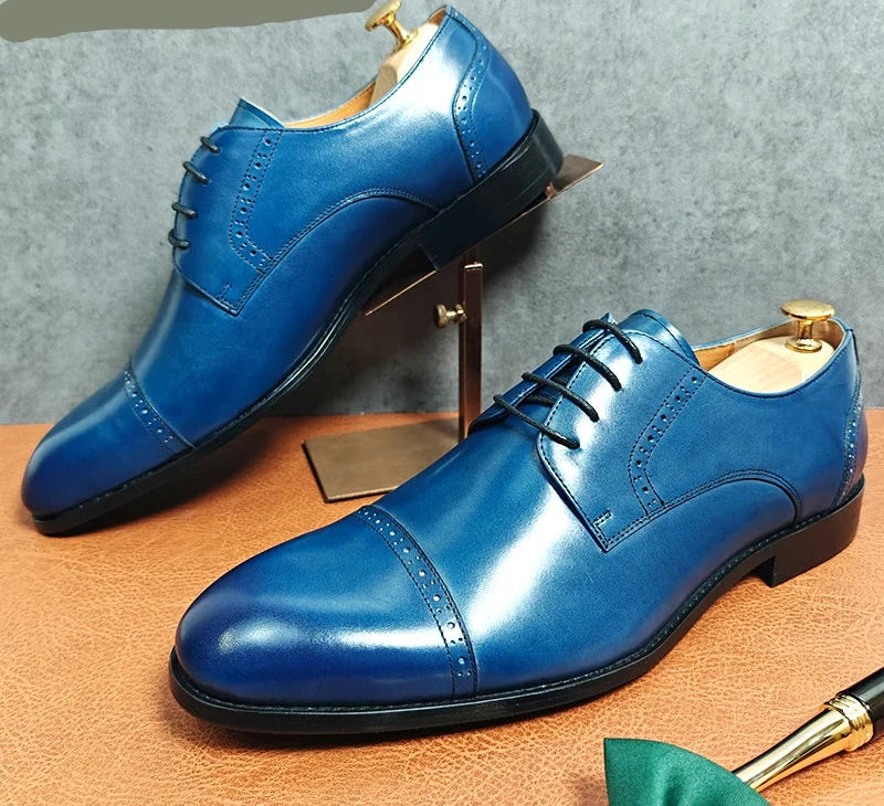 Lace Up Blue Black Derby Men's Leather Shoes