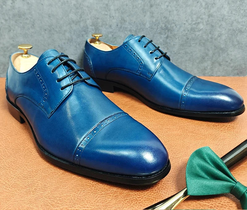 Lace Up Blue Black Derby Men's Leather Shoes