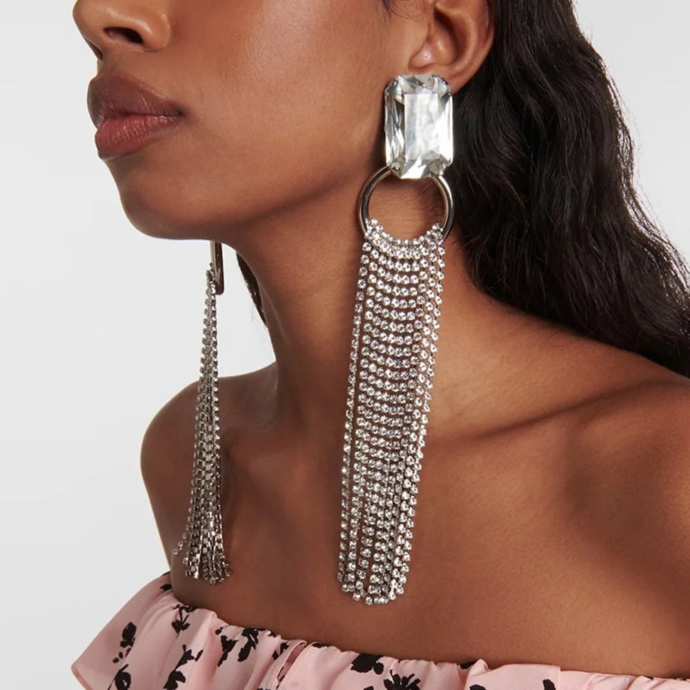 Model using Long Tassel Rhinestone Earrings