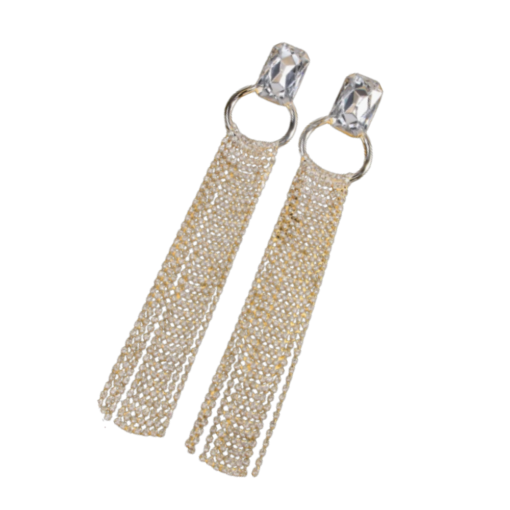 Gold Long Tassel Rhinestone Earrings