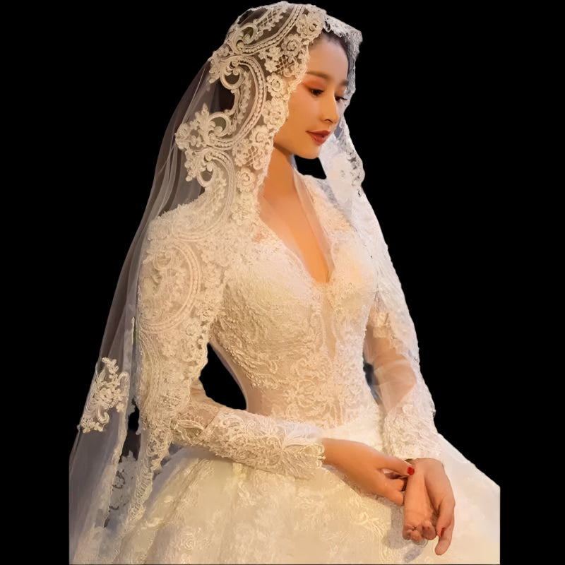 Long Wedding Bridal Veils Lace Appliques Edge Tulle side view model using